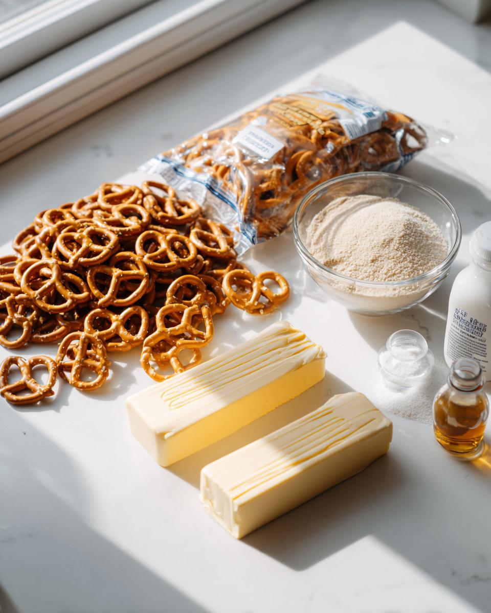 Ingredients laid out for toffee pretzels, including pretzels, butter sticks, brown sugar, and vanilla extract.