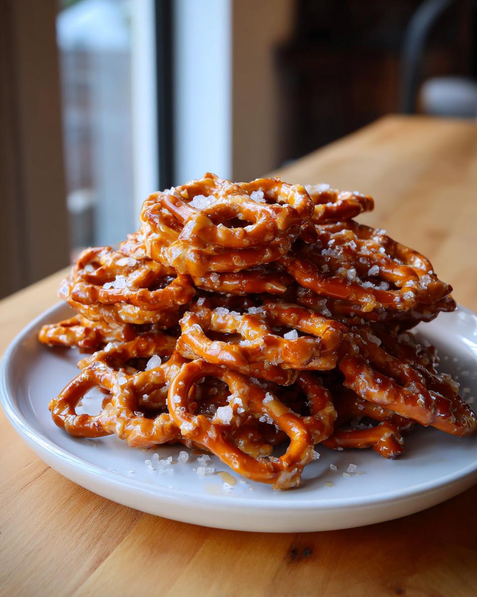 A tall pile of crunchy, glazed toffee pretzels topped with coarse sea salt on a white plate.