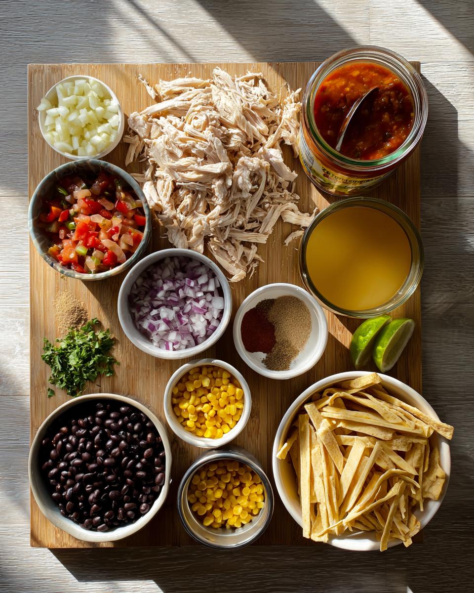 Overhead view of all ingredients laid out for the tortilla soup recipe, including shredded chicken, black beans, corn, and tortilla strips.