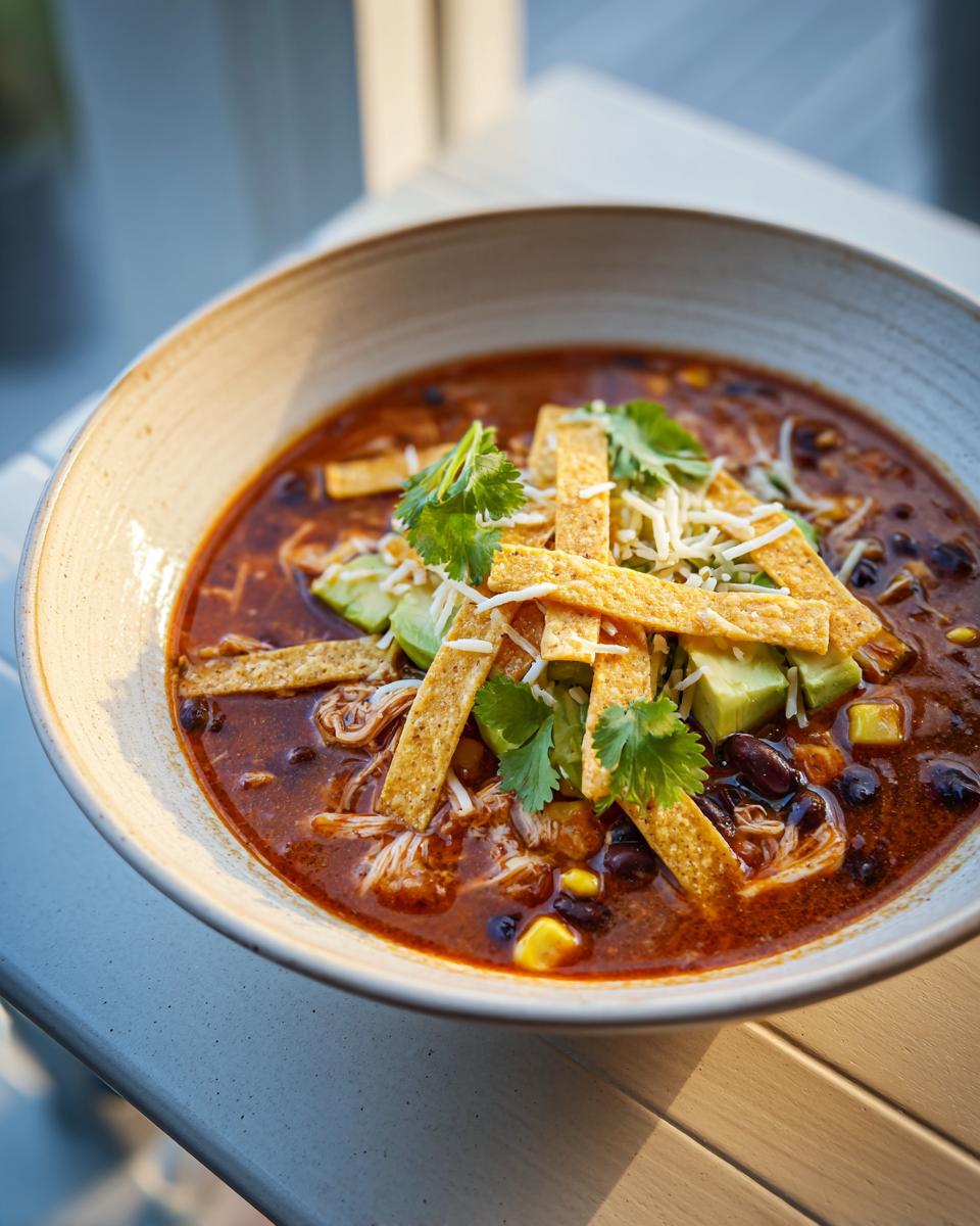 A close-up of a hearty bowl of tortilla soup recipe, topped with avocado, cheese, cilantro, and crispy tortilla strips.