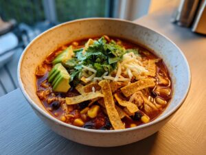 A close-up of a steaming bowl of tortilla soup recipe topped with avocado, shredded cheese, cilantro, and tortilla strips.