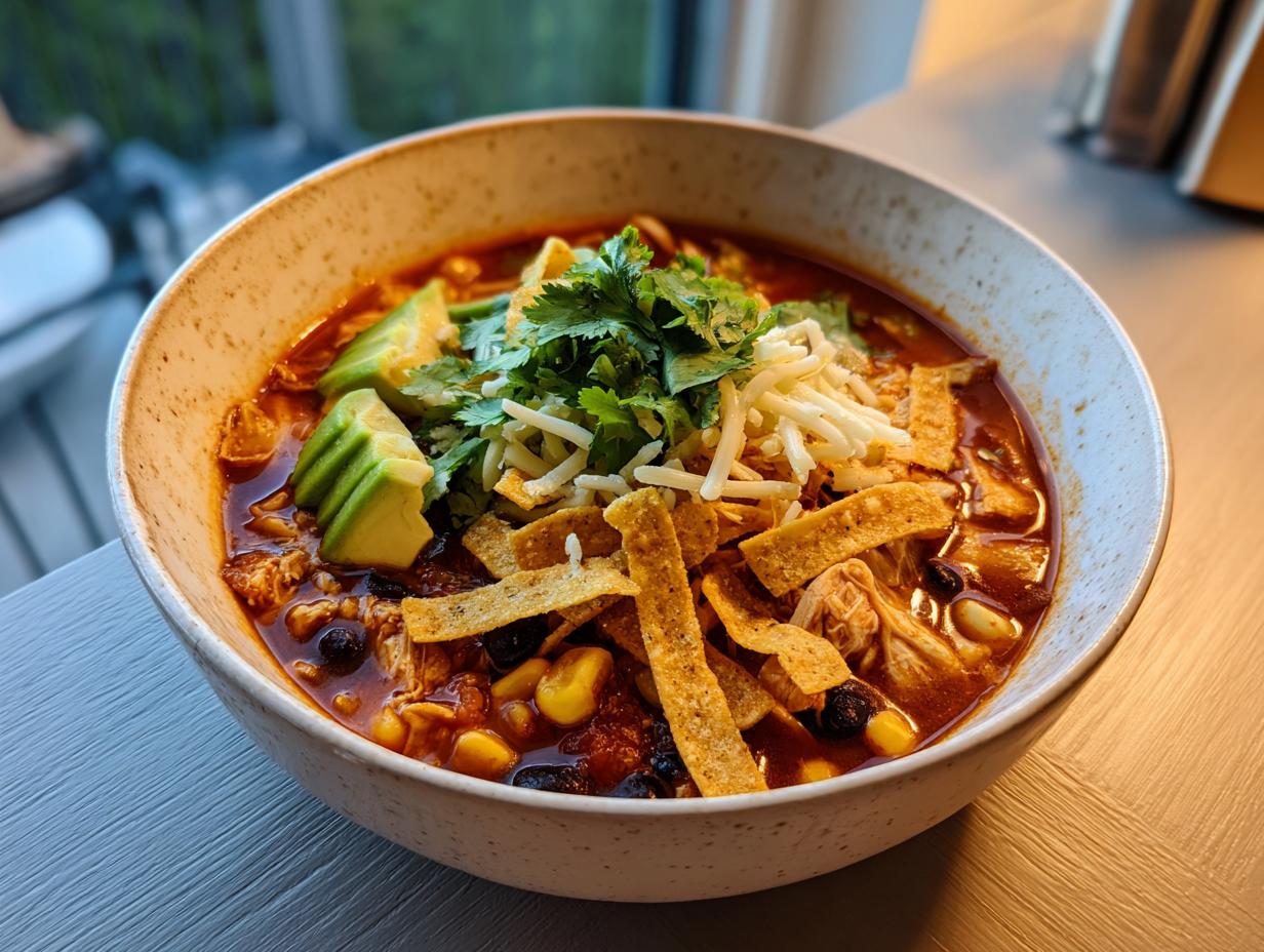 A close-up of a steaming bowl of tortilla soup recipe topped with avocado, shredded cheese, cilantro, and tortilla strips.