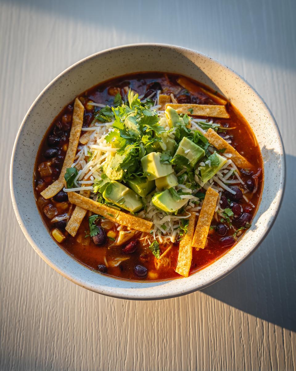 Overhead view of a hearty bowl of tortilla soup recipe topped with avocado, cheese, cilantro, and crispy tortilla strips.