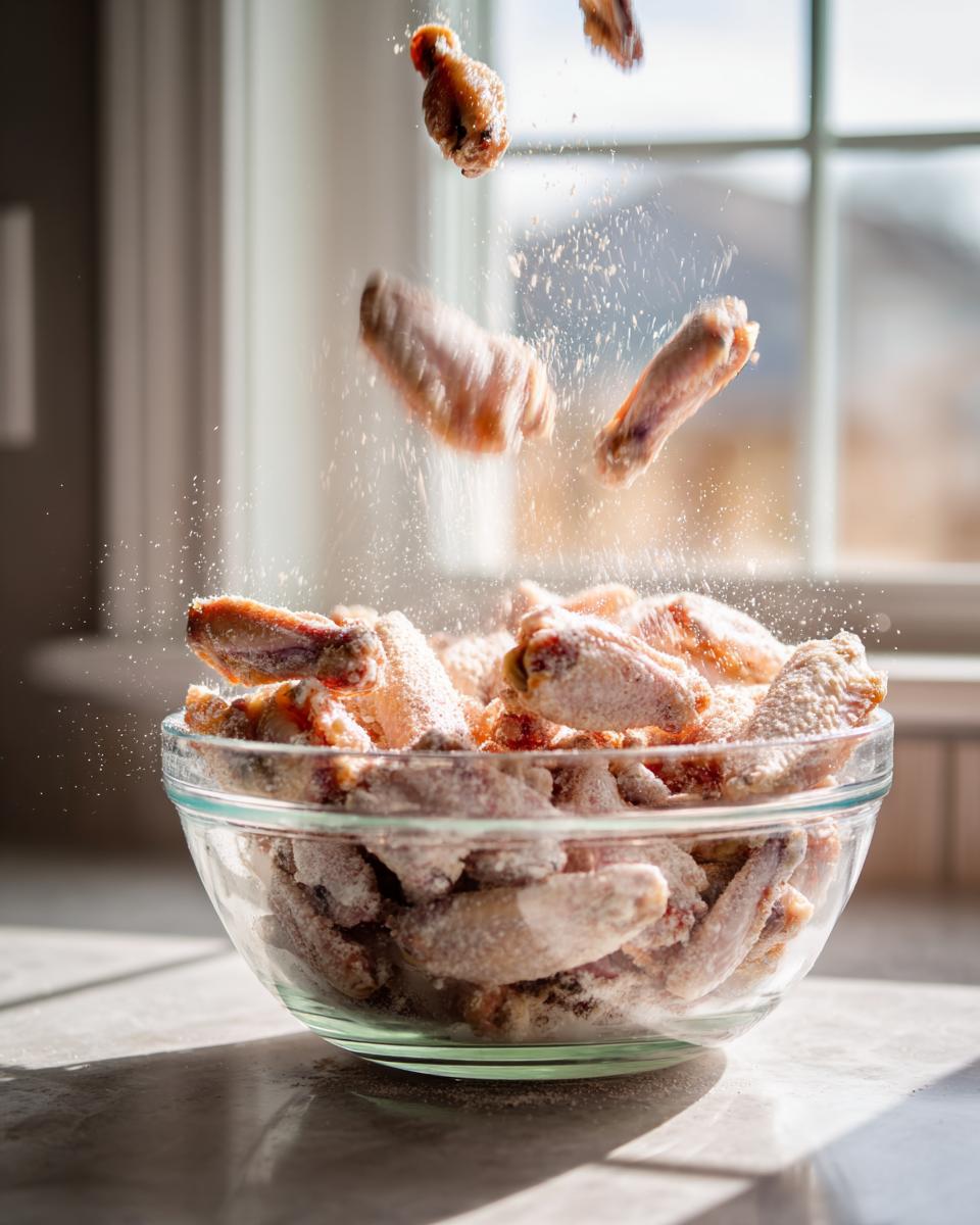 Raw chicken wings being tossed in a glass bowl, coated with flour or seasoning for crispy chicken wings.