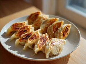 A plate of golden-brown, pan-fried Traditional Chinese Dumplings arranged neatly on a white dish.