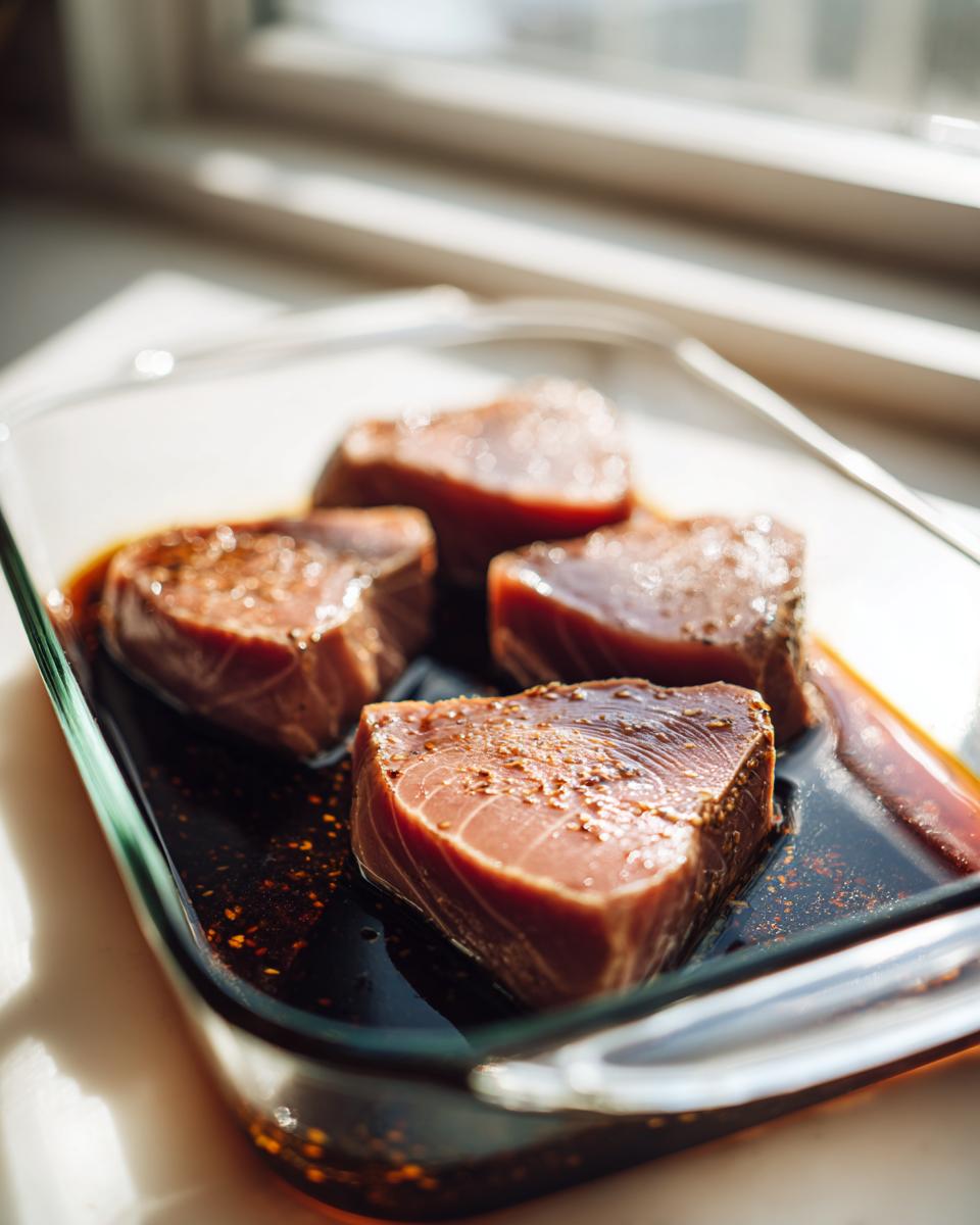 Four thick raw tuna steak portions soaking in a dark, rich MARINADE FOR TUNA STEAK in a glass dish.