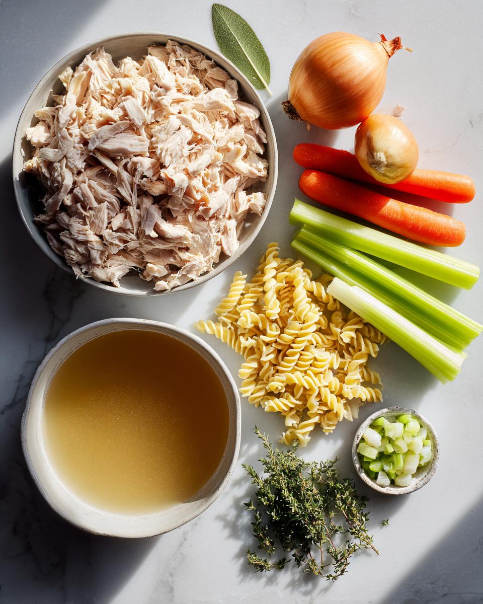 Overhead shot of ingredients for turkey soup: shredded turkey, broth, pasta, carrots, celery, and herbs.