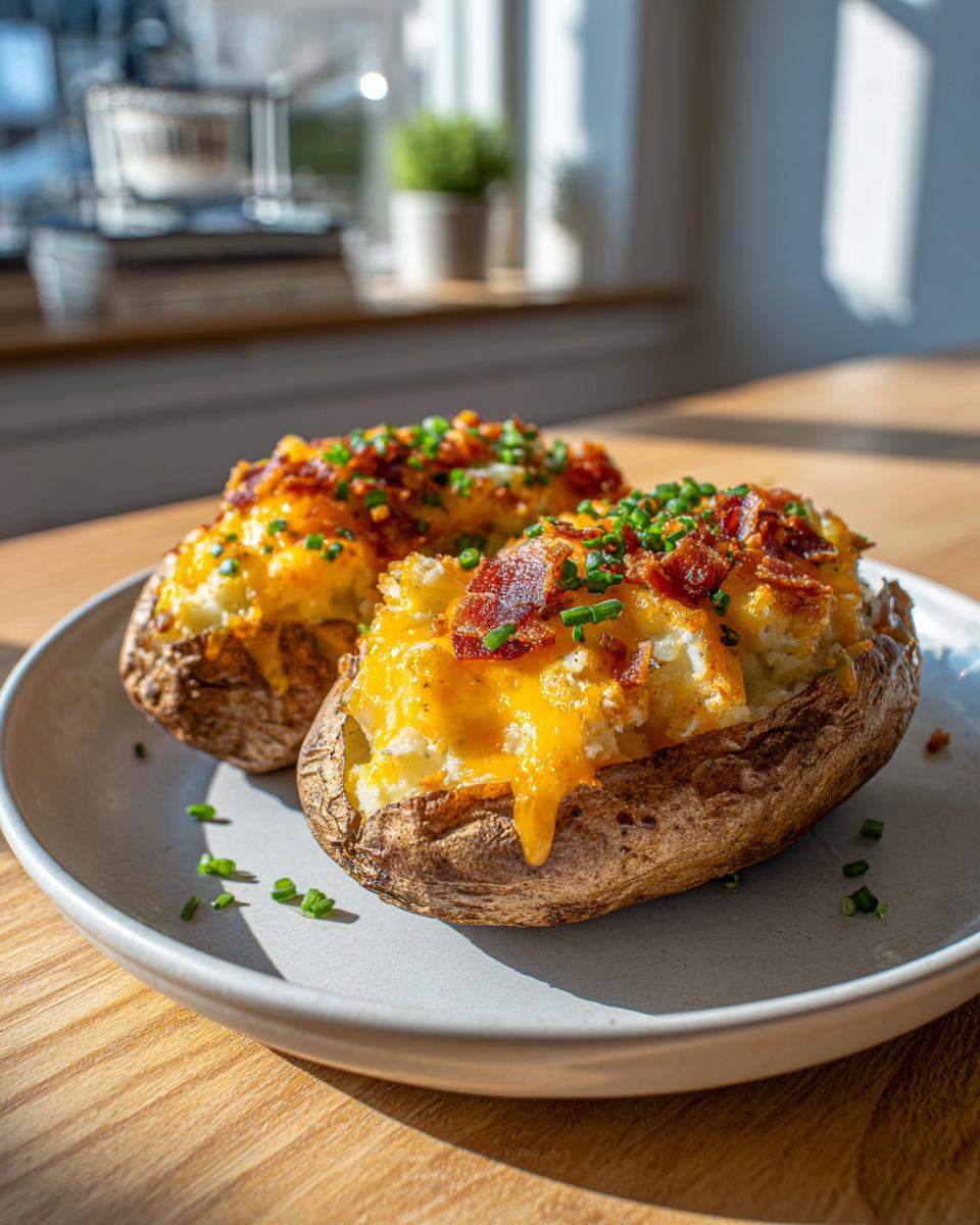Two perfectly prepared twice baked potatoes topped with melted cheddar cheese, bacon bits, and chives on a light plate.