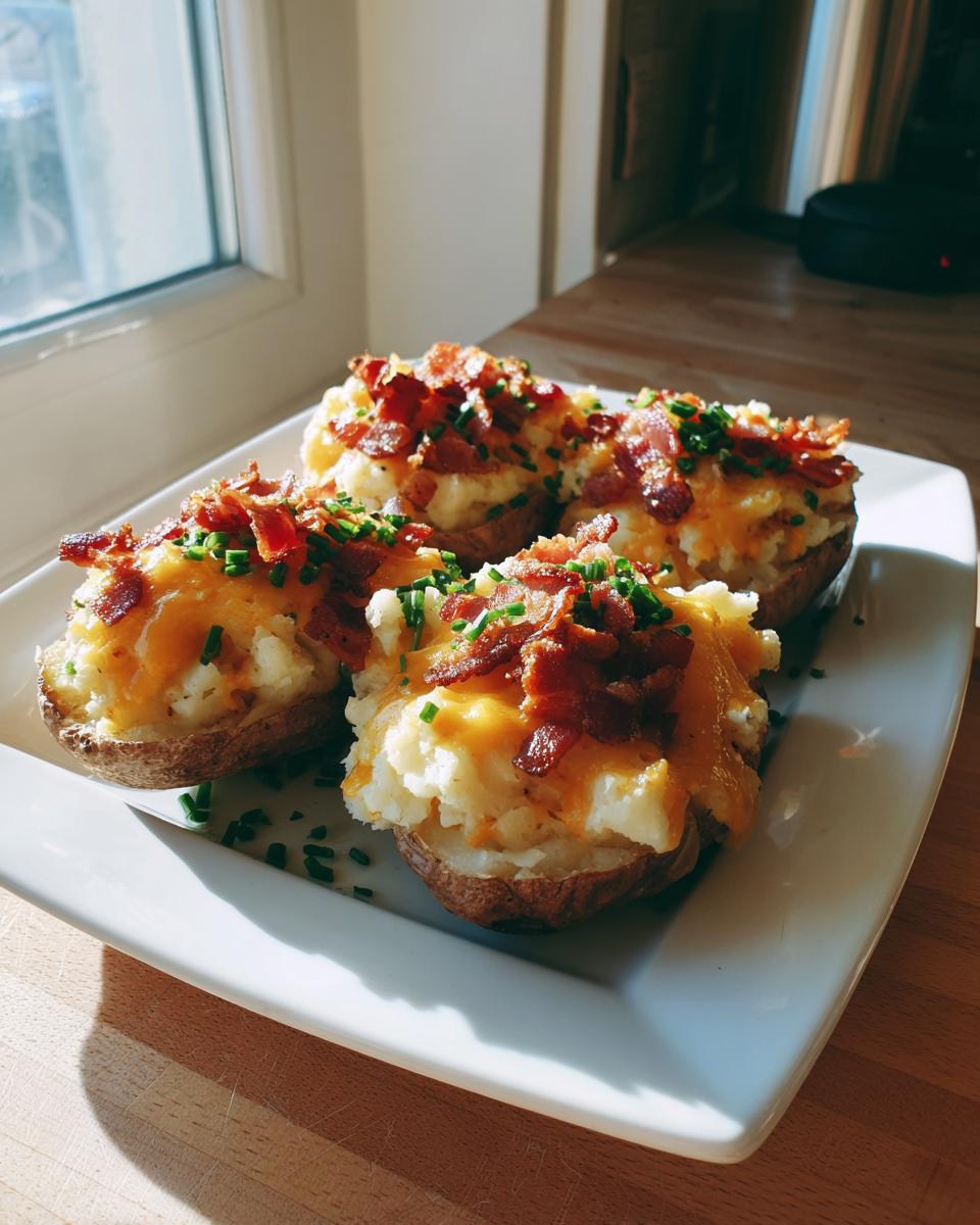 Four perfectly prepared twice baked potatoes topped with melted cheddar cheese, crispy bacon, and fresh chives.