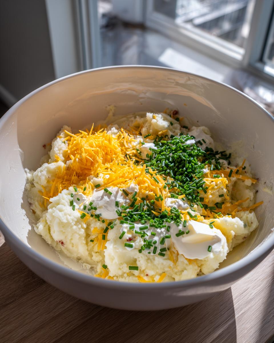 Mashed potatoes in a bowl with shredded cheddar cheese, sour cream, and chives for making twice baked potatoes.