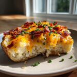 Close-up of a half portion of twice baked potatoes loaded with melted cheddar cheese, bacon bits, and fresh chives.
