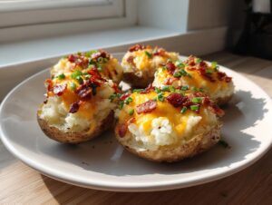 Four delicious twice baked potatoes loaded with melted cheddar cheese, bacon bits, and chives, served on a white plate.