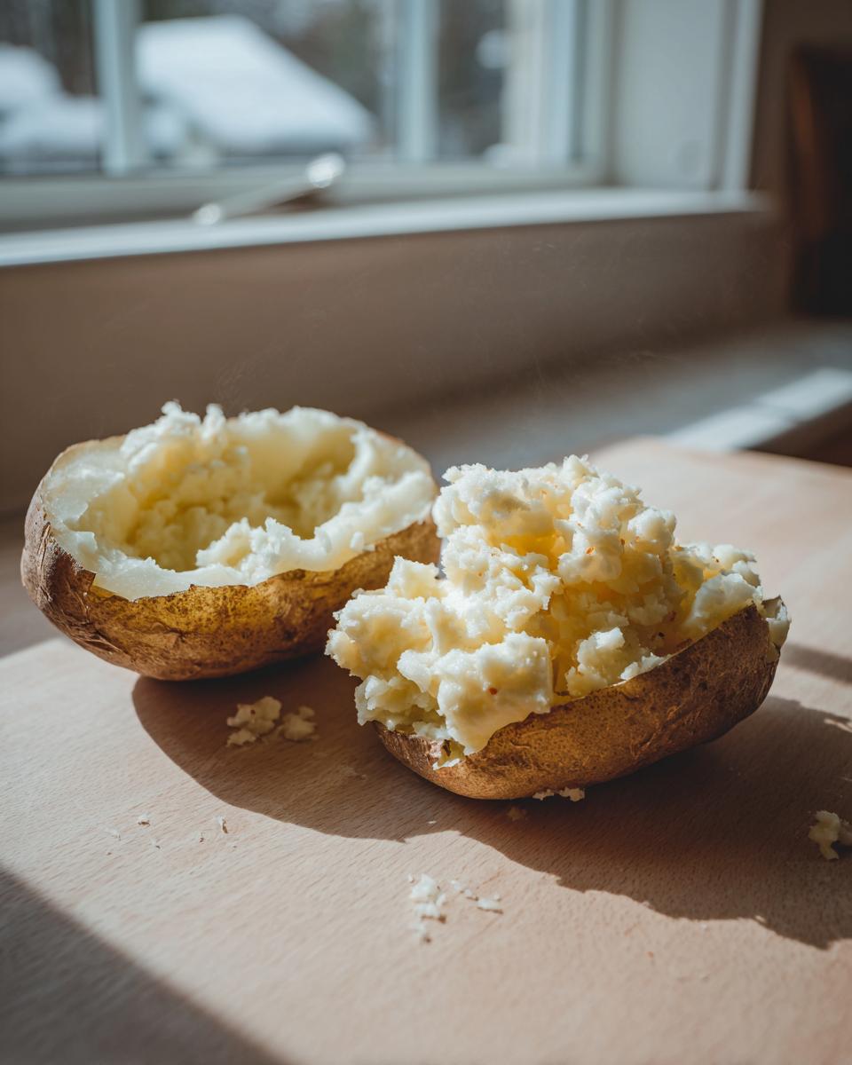 A baked potato split in half, with the fluffy interior scooped out for making twice baked potatoes.