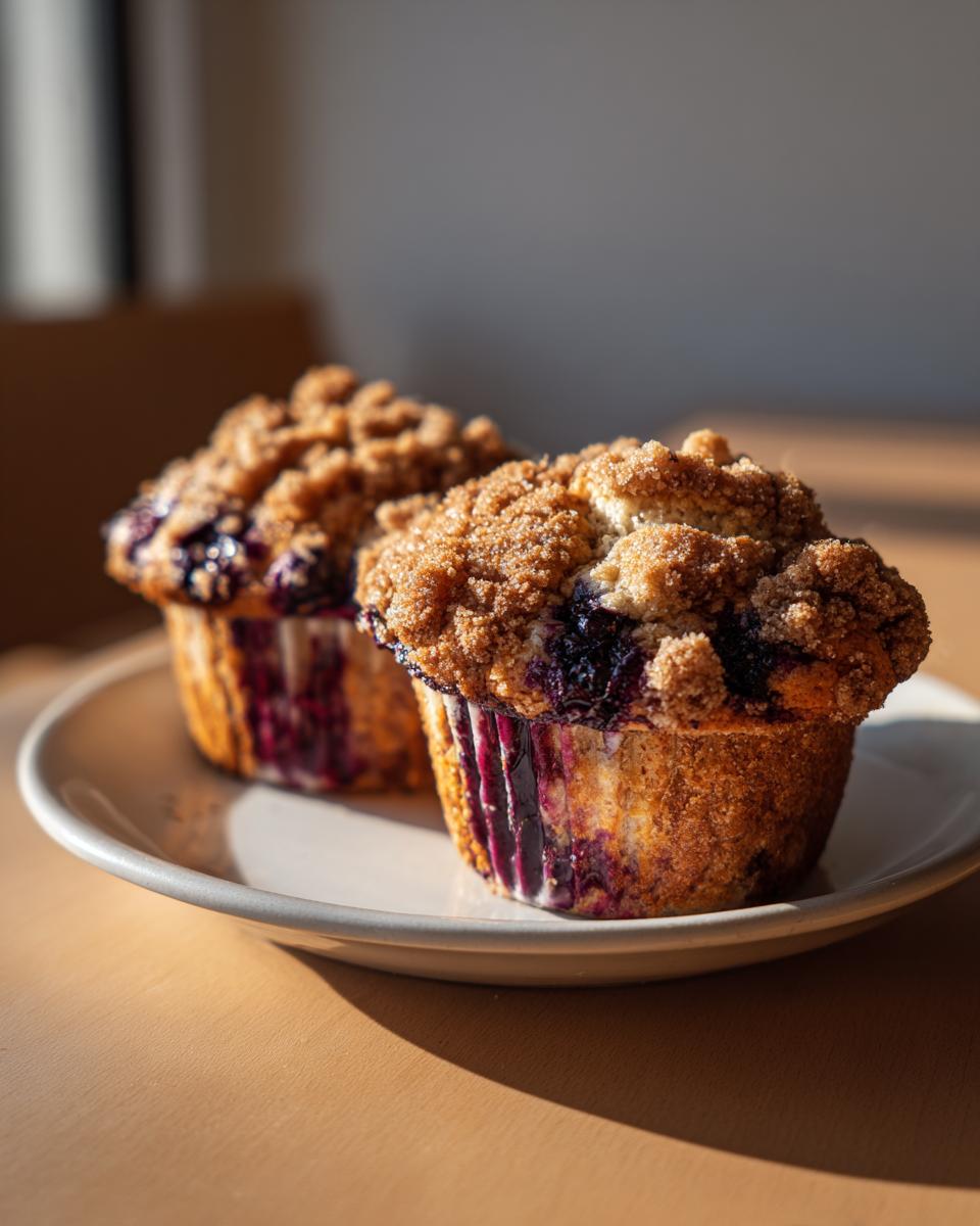 Two moist blueberry muffins with a thick brown sugar streusel topping resting on a light plate.