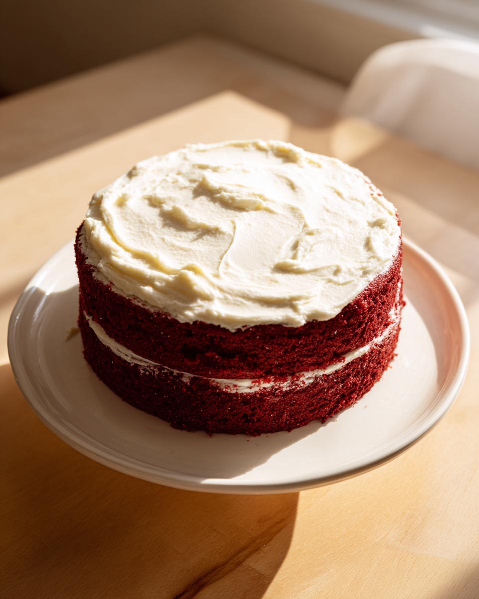 A two-layer red velvet cake topped with thick cream cheese frosting, sitting on a white plate.