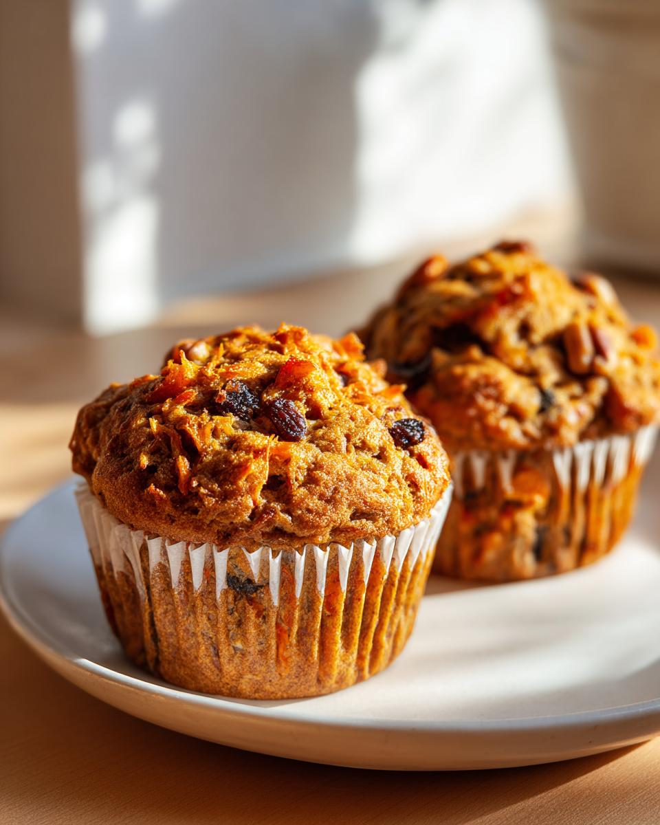 Close-up of two freshly baked morning glory muffins, studded with carrots and raisins, sitting on a white plate.
