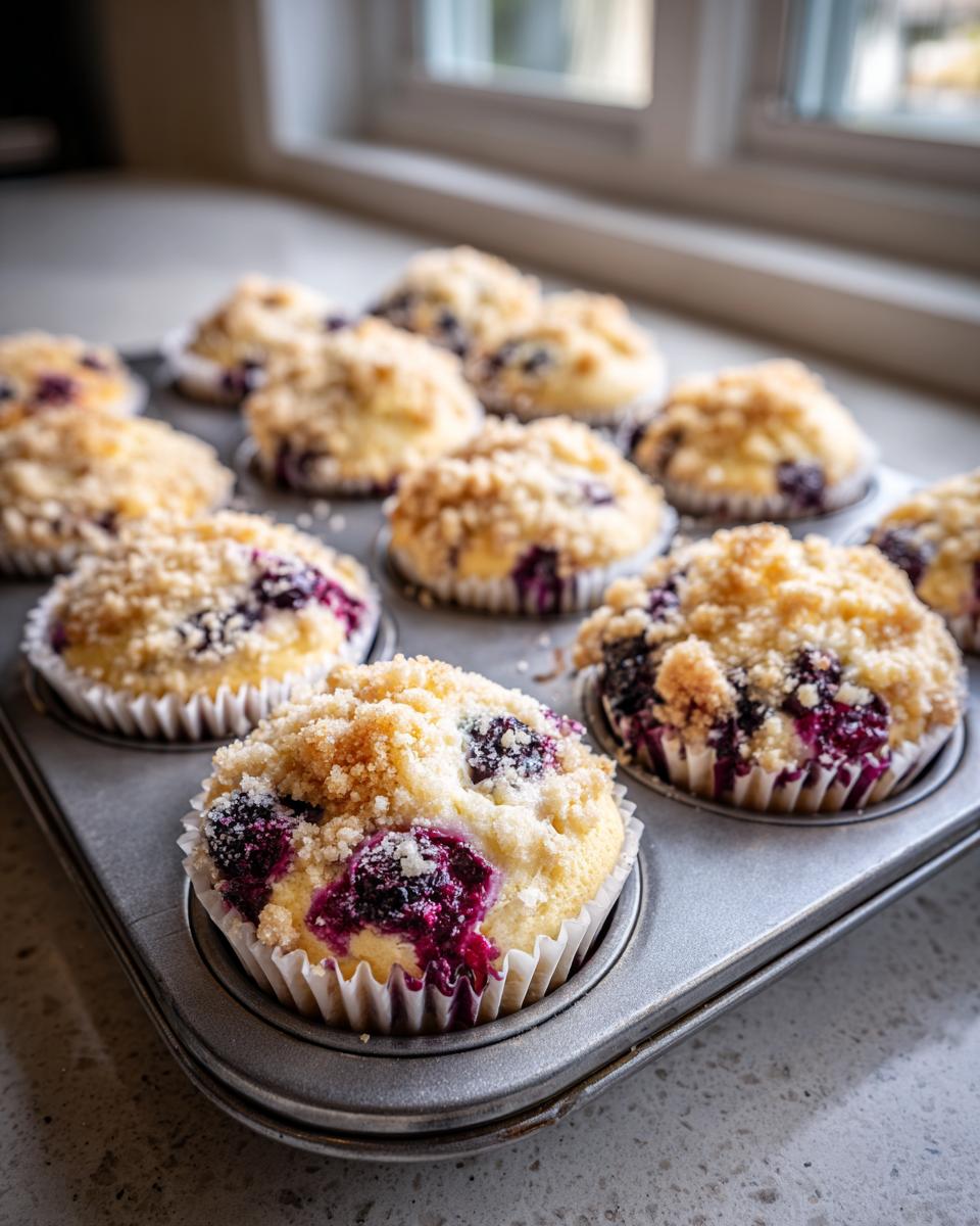 Close-up of a dozen moist blueberry muffins topped with streusel cooling in a metal muffin tin.
