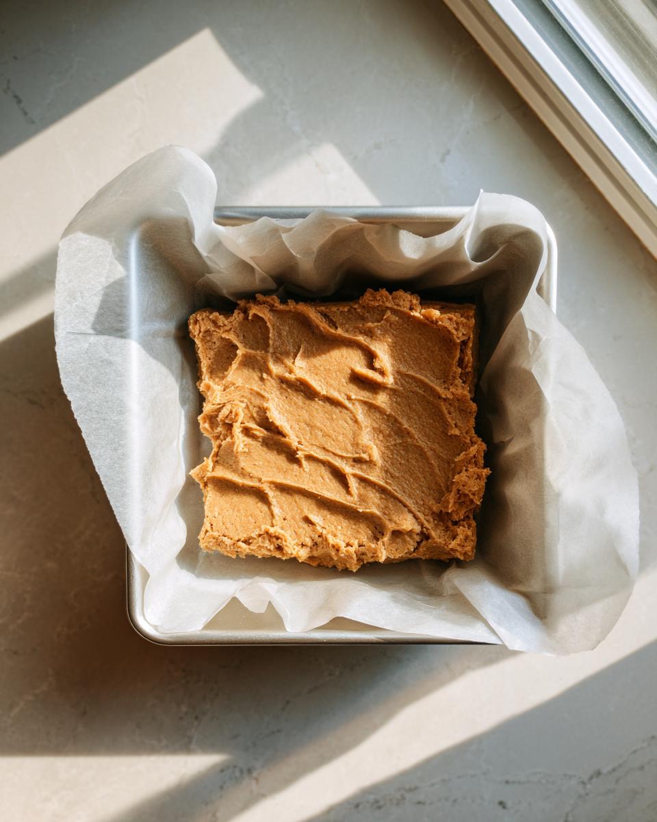 Overhead view of unbaked, smooth peanut butter colored mixture for protein bars pressed into a parchment-lined square baking pan.