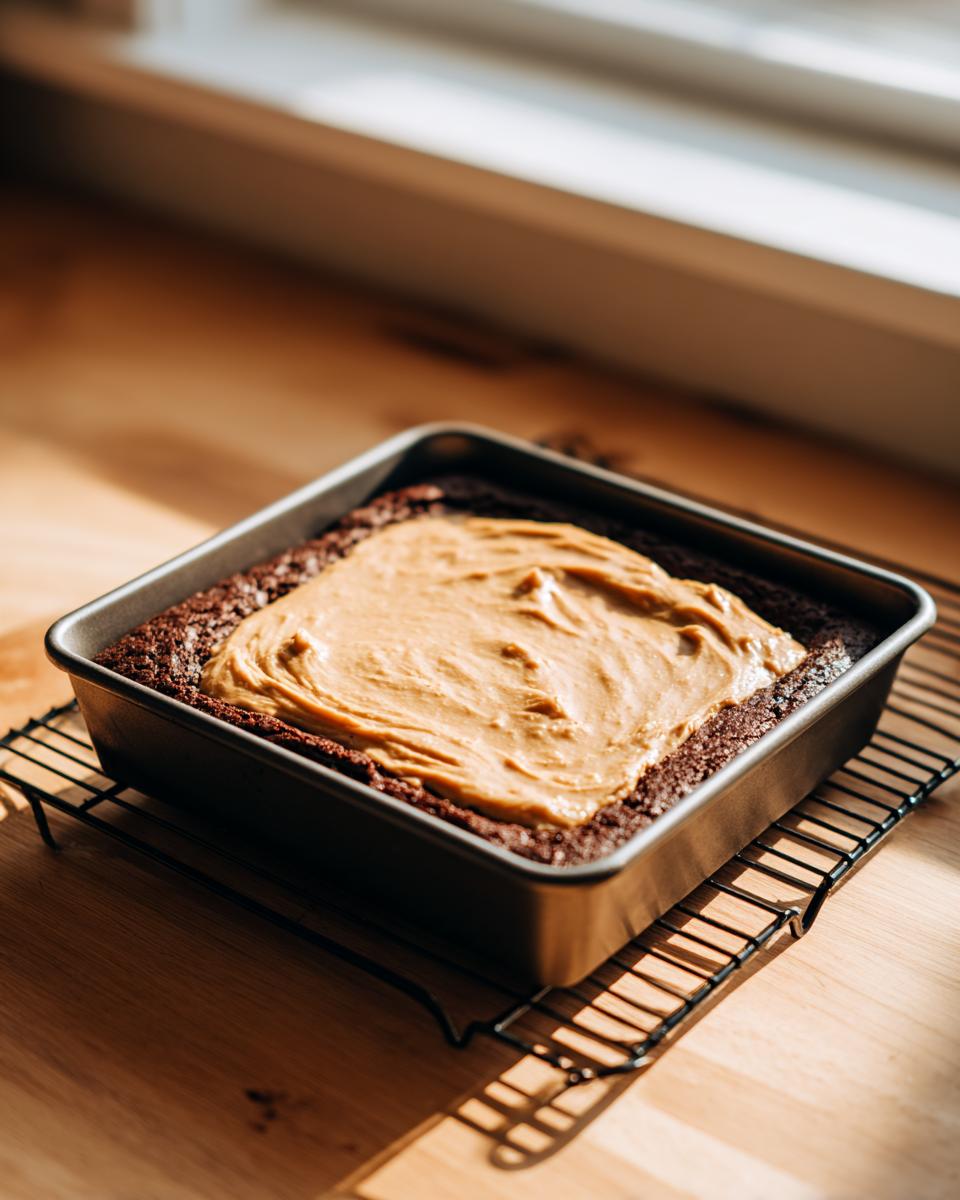 A square baking pan of unbaked buckeye brownies topped with a thick layer of peanut butter filling.