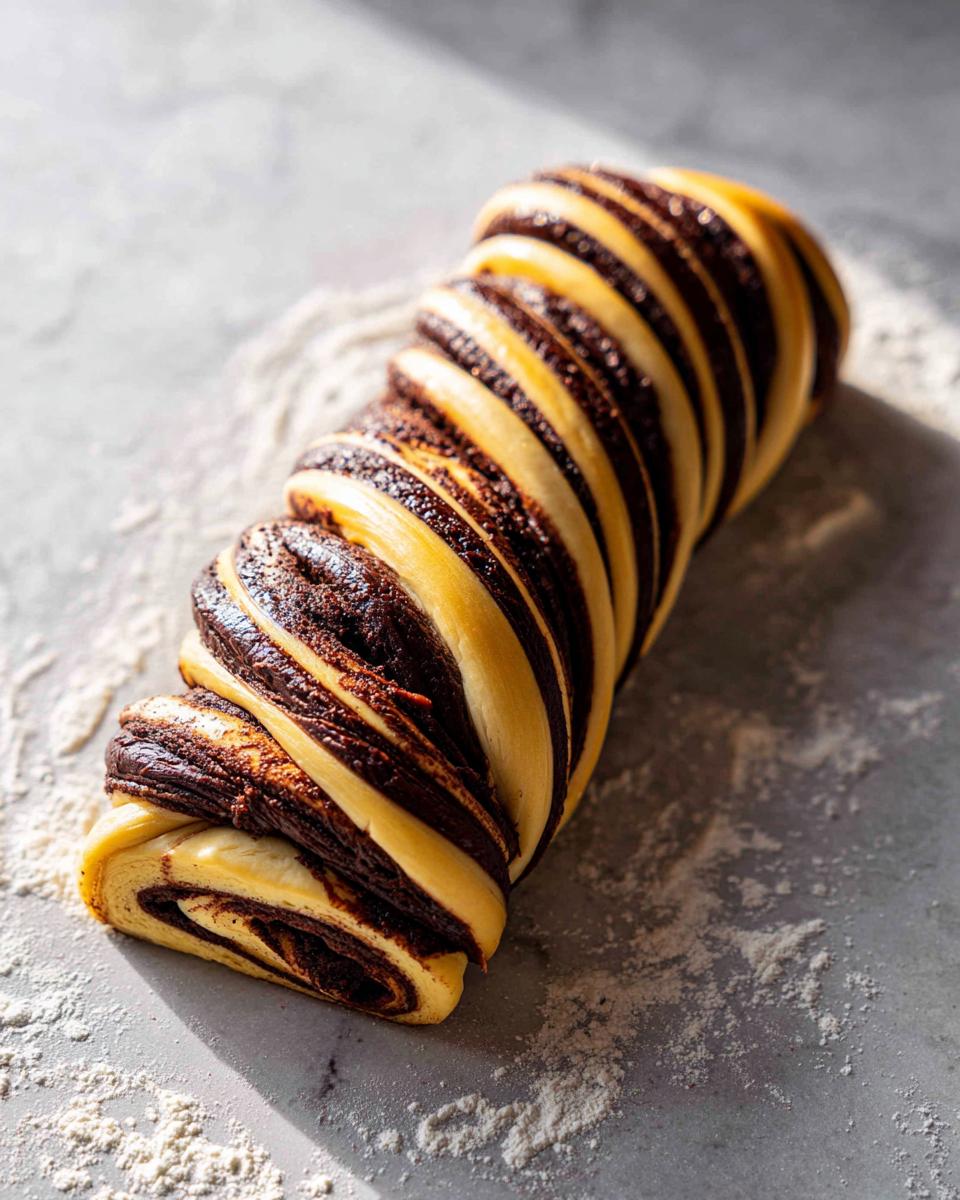 Raw, twisted dough showing alternating layers of light dough and dark chocolate filling for a chocolate babka.