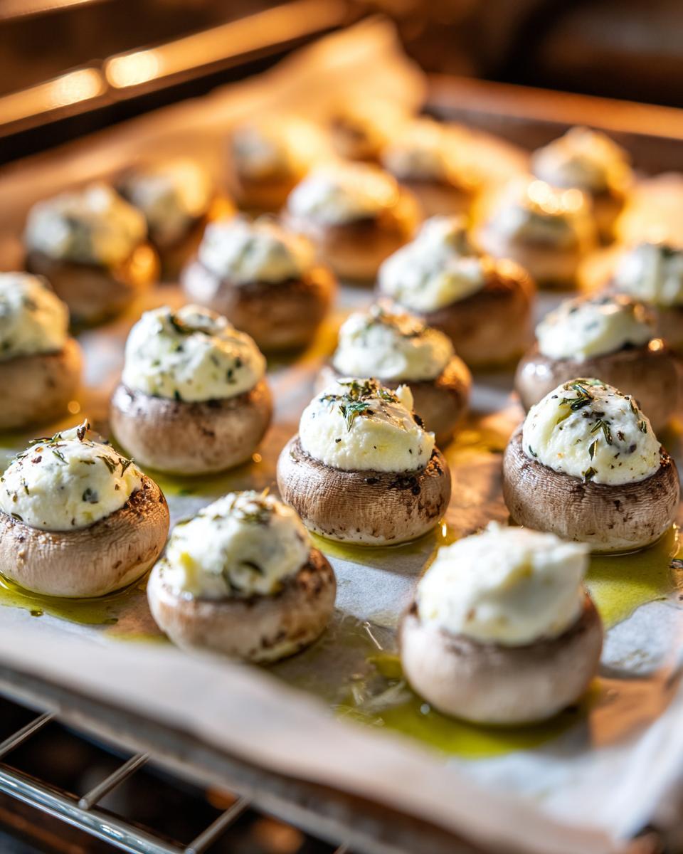 Close-up of raw, cream-cheese-filled stuffed mushrooms recipe arranged on a baking sheet lined with parchment paper.