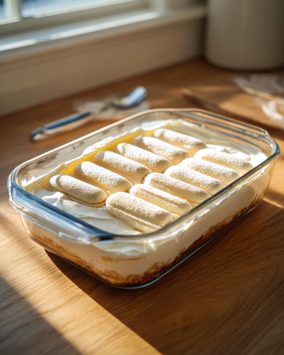 Glass dish showing the layer of ladyfingers waiting to be dusted for the tiramisu recipe.