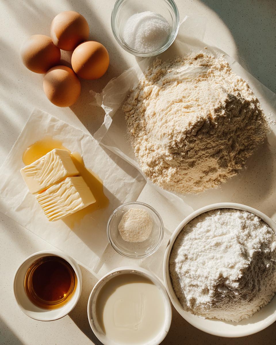 Overhead view of ingredients for vanilla cupcakes, including eggs, butter, flour, sugar, milk, and vanilla extract.