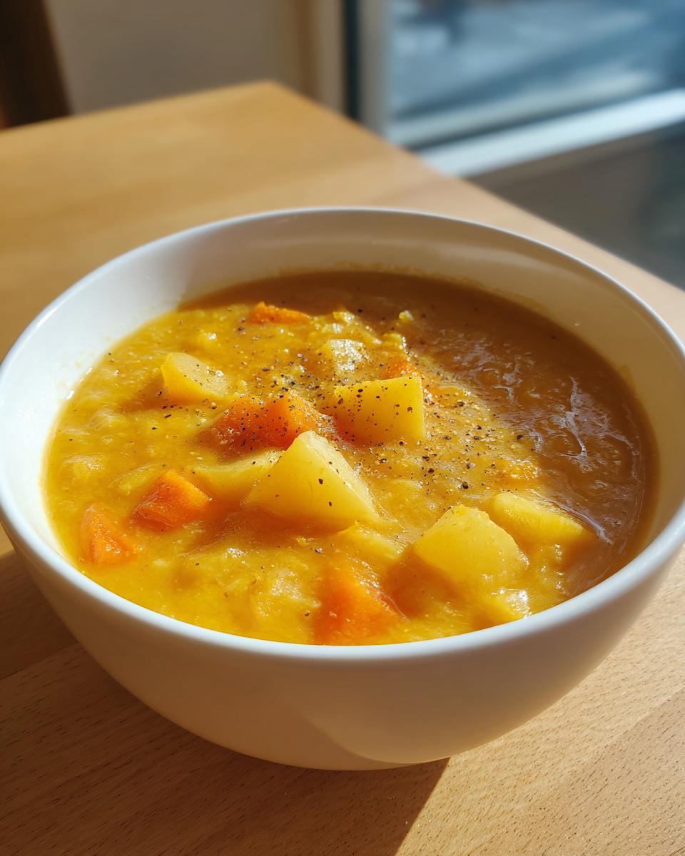 A close-up of a white bowl filled with thick, orange vegetable cheese soup, topped with chunks of potato and cracked black pepper.