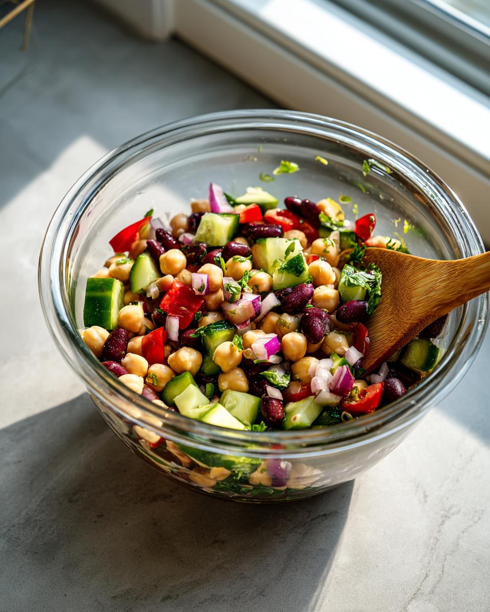 A vibrant close-up of a fresh bean salad featuring chickpeas, kidney beans, cucumber, and red onion, being mixed with a wooden spoon.