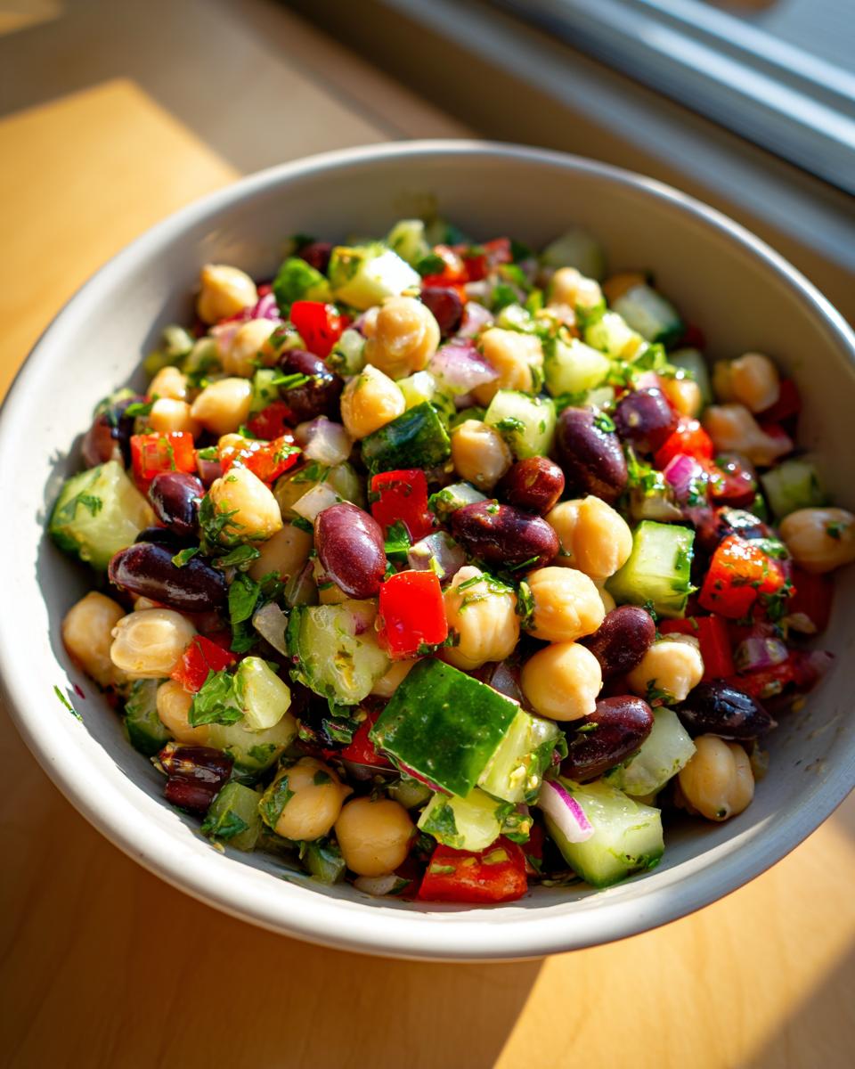 Close-up of a vibrant bean salad featuring chickpeas, kidney beans, cucumber, and red pepper in a light bowl.