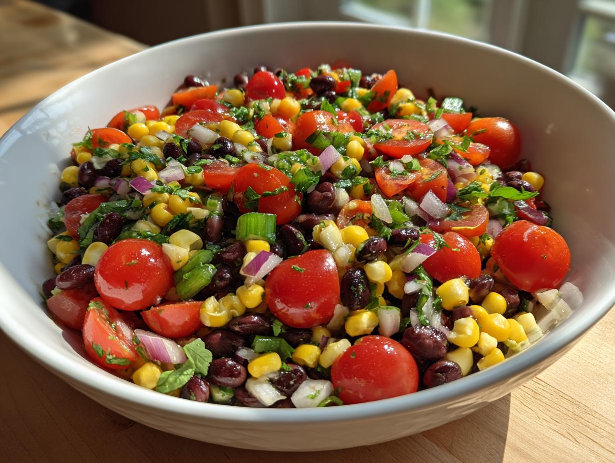 Close-up of a white bowl filled with fresh cowboy caviar featuring black beans, corn, cherry tomatoes, and red onion.