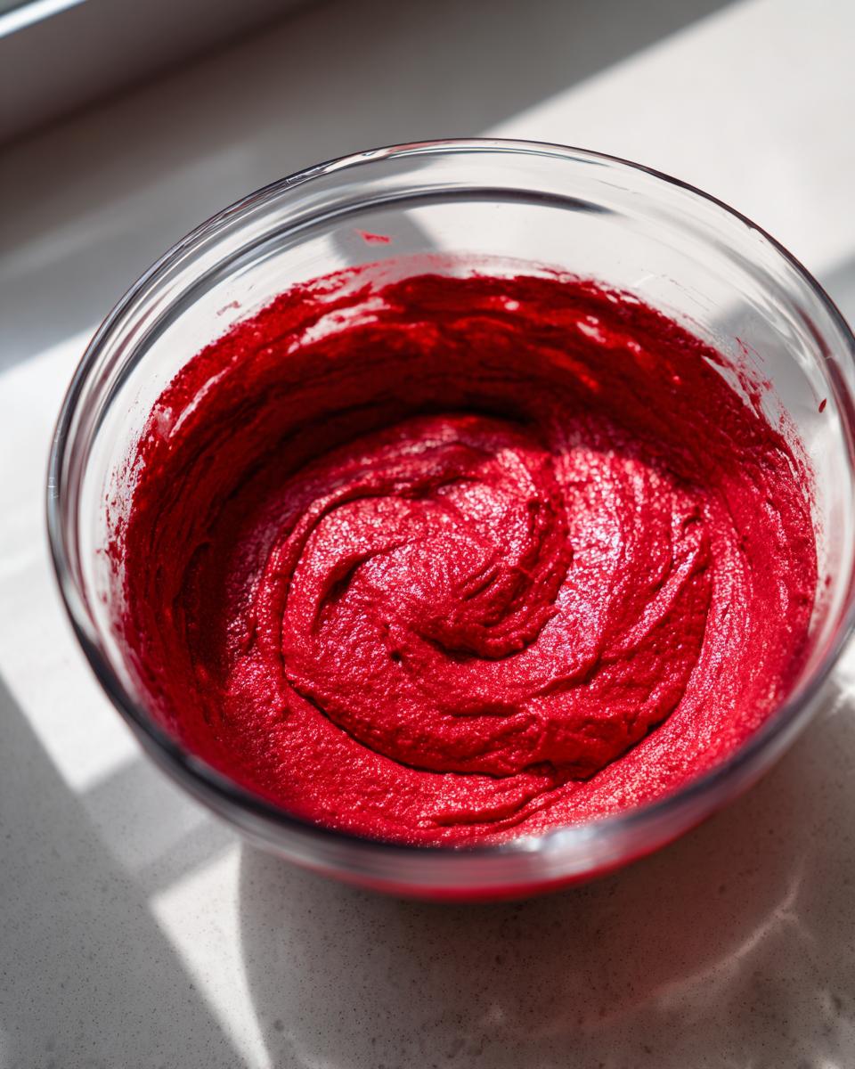 Vibrant, deep red velvet cake batter mixed smoothly in a clear glass bowl.