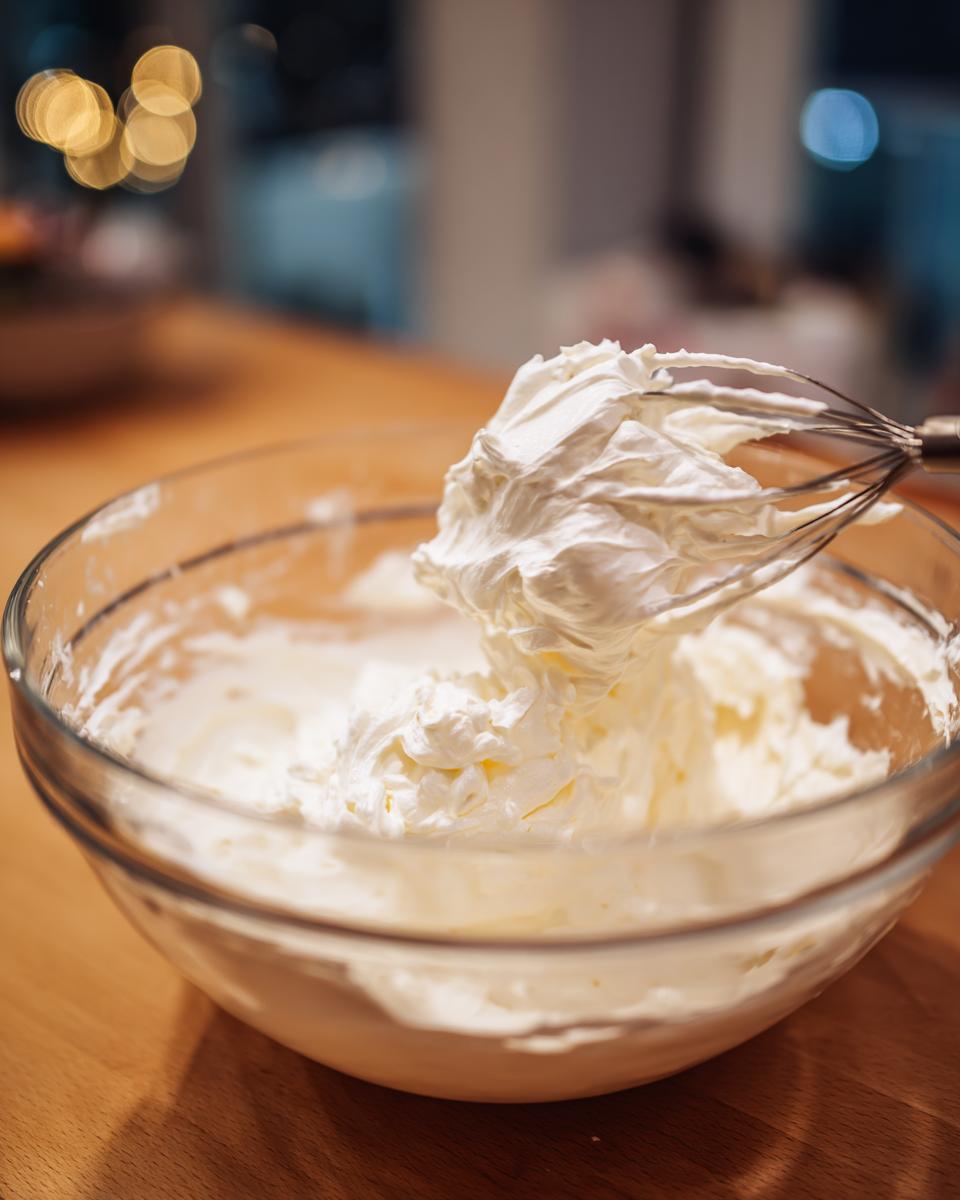 Close-up of stiffly whipped cream being lifted from a glass bowl with a whisk, essential for a tiramisu recipe.