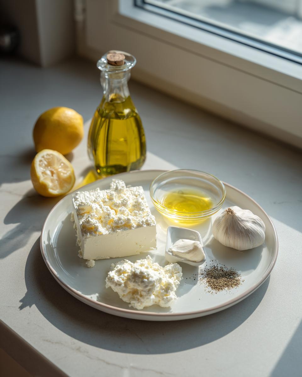 Ingredients laid out for whipped feta dip: feta cheese block, olive oil, lemon, garlic, and pepper.