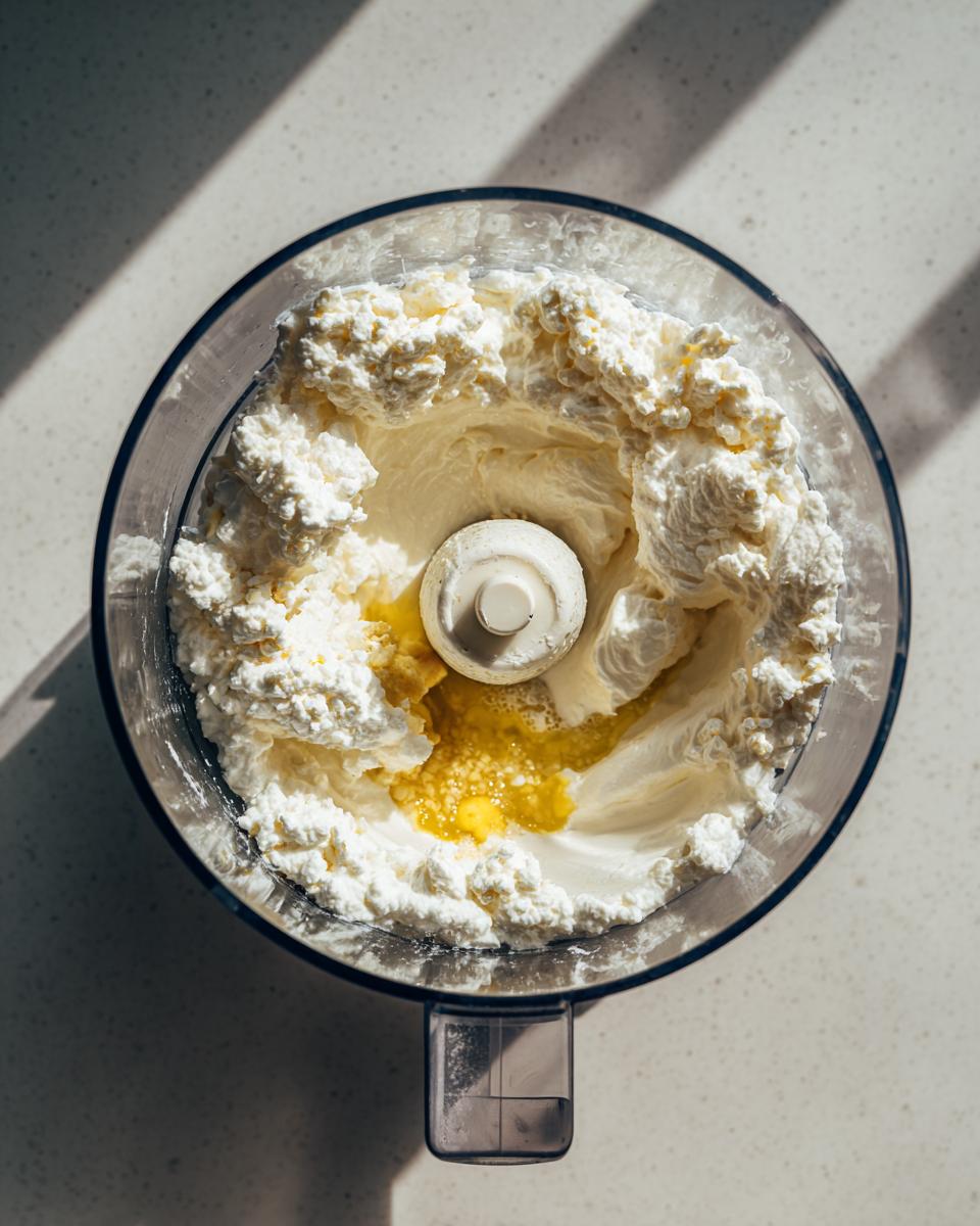 Overhead view of feta cheese and olive oil being mixed in a food processor bowl to make whipped feta dip.