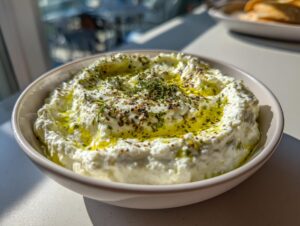 A creamy bowl of homemade whipped feta dip drizzled generously with olive oil and topped with herbs and spices.