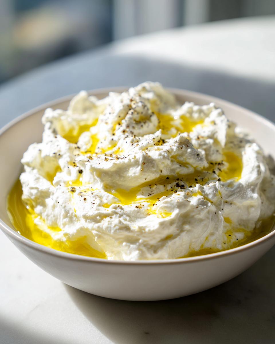 Close-up of creamy, fluffy whipped feta dip topped with golden olive oil and cracked black pepper.