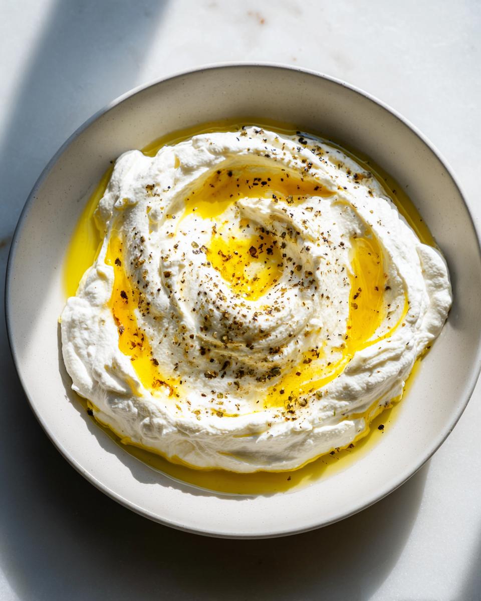 A bowl of creamy, white whipped feta dip swirled and topped with bright yellow olive oil and black pepper.
