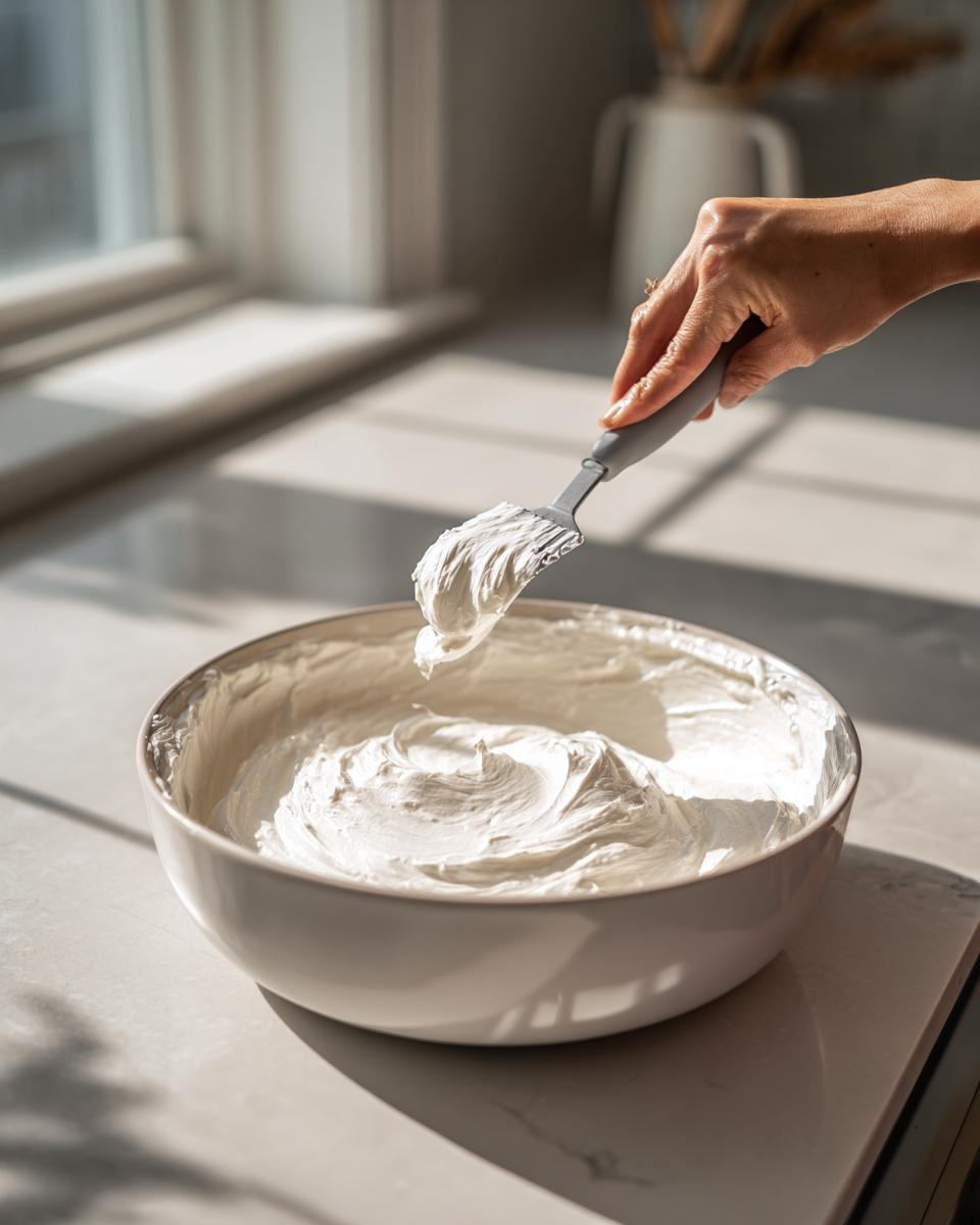 A hand uses a spatula to swirl the creamy, white whipped feta dip in a large white bowl.