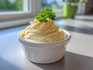 A swirl of creamy, yellow homemade mayonnaise topped with fresh parsley in a small white bowl.