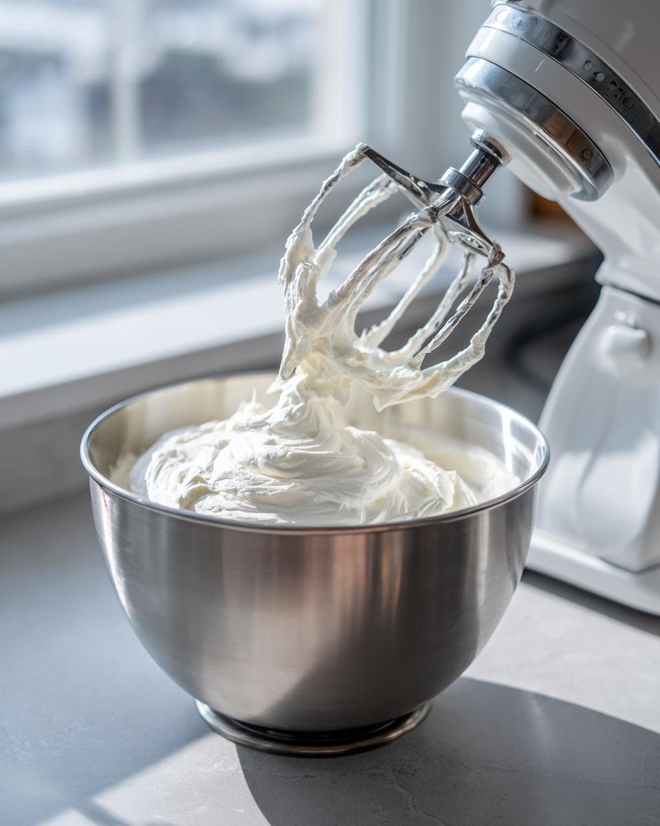 Close-up of white cream cheese frosting being mixed in a stainless steel bowl by a stand mixer, essential for red velvet cake.