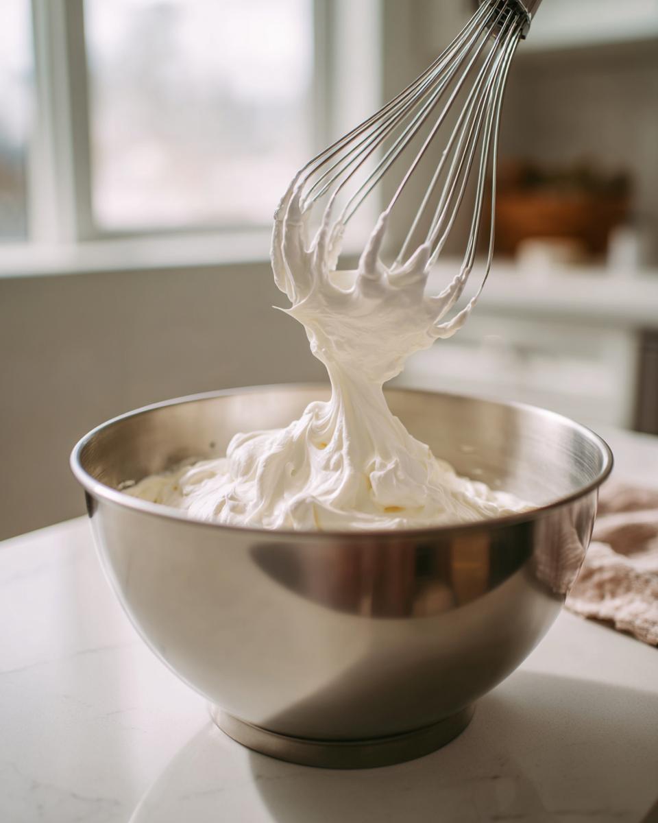 A whisk lifting stiff peaks of whipped cream from a stainless steel bowl, essential for making Oreo cheesecake.