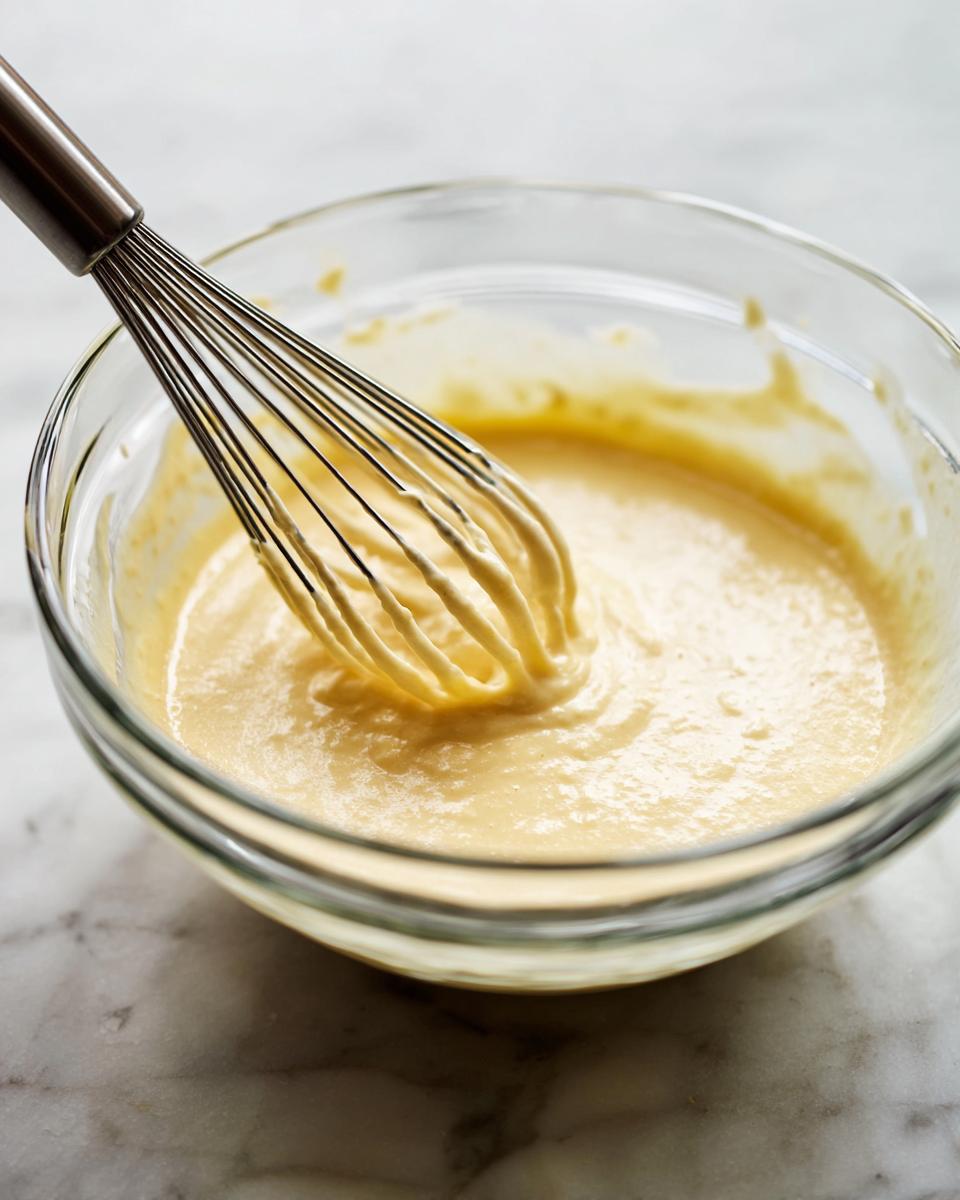 Close-up of a metal whisk blending creamy yellow burger sauce mixture inside a clear glass bowl.