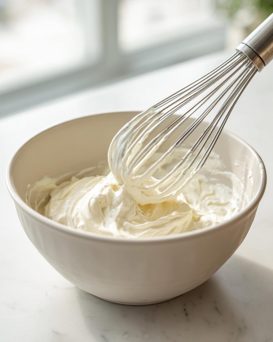 A stainless steel whisk mixing thick, creamy homemade tartar sauce in a white bowl.