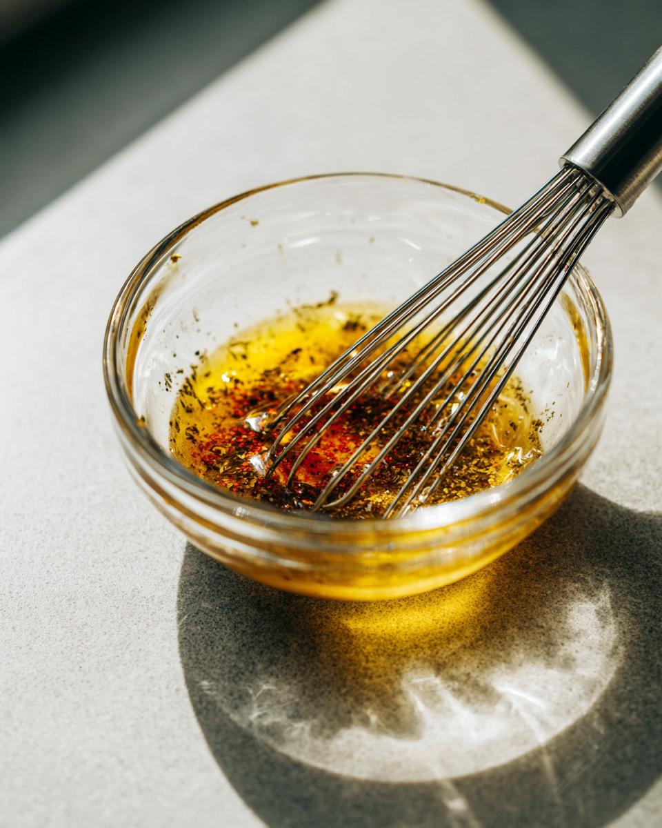 Close-up of a small glass bowl whisking oil and spices for the bean salad dressing.