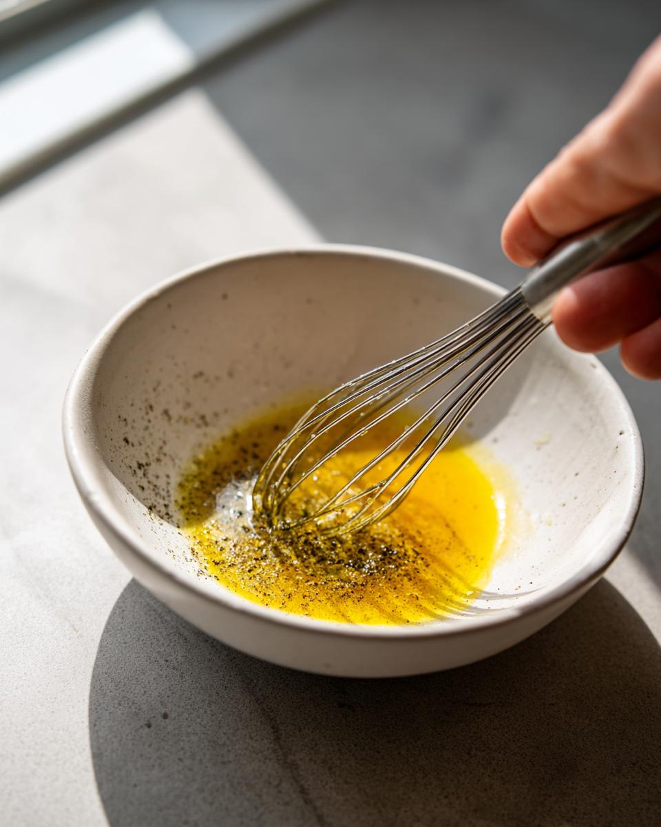 A hand whisking oil and pepper in a small bowl, preparing the dressing for cowboy caviar.