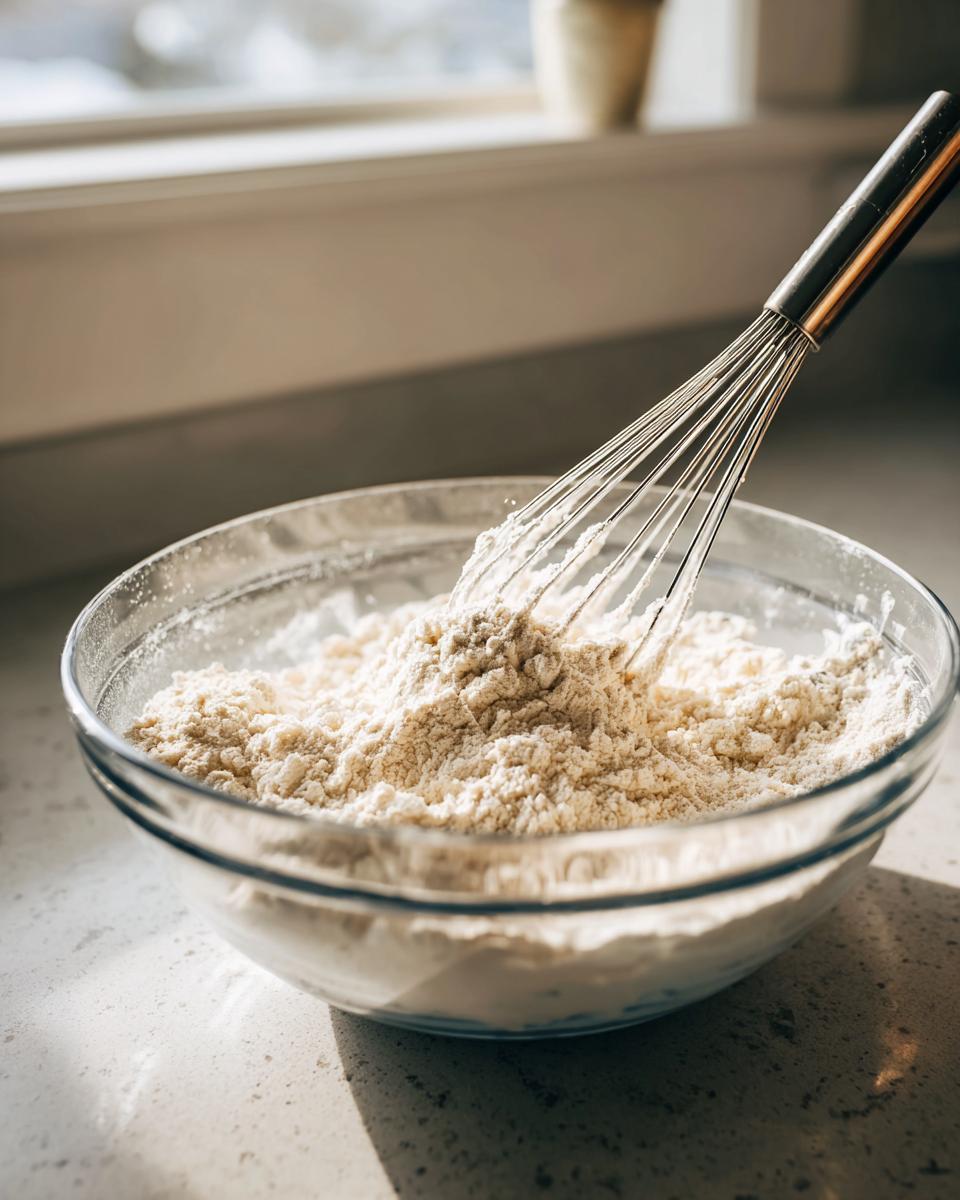 A whisk mixing dry ingredients, likely flour, in a clear glass bowl while preparing a blueberry muffin recipe.