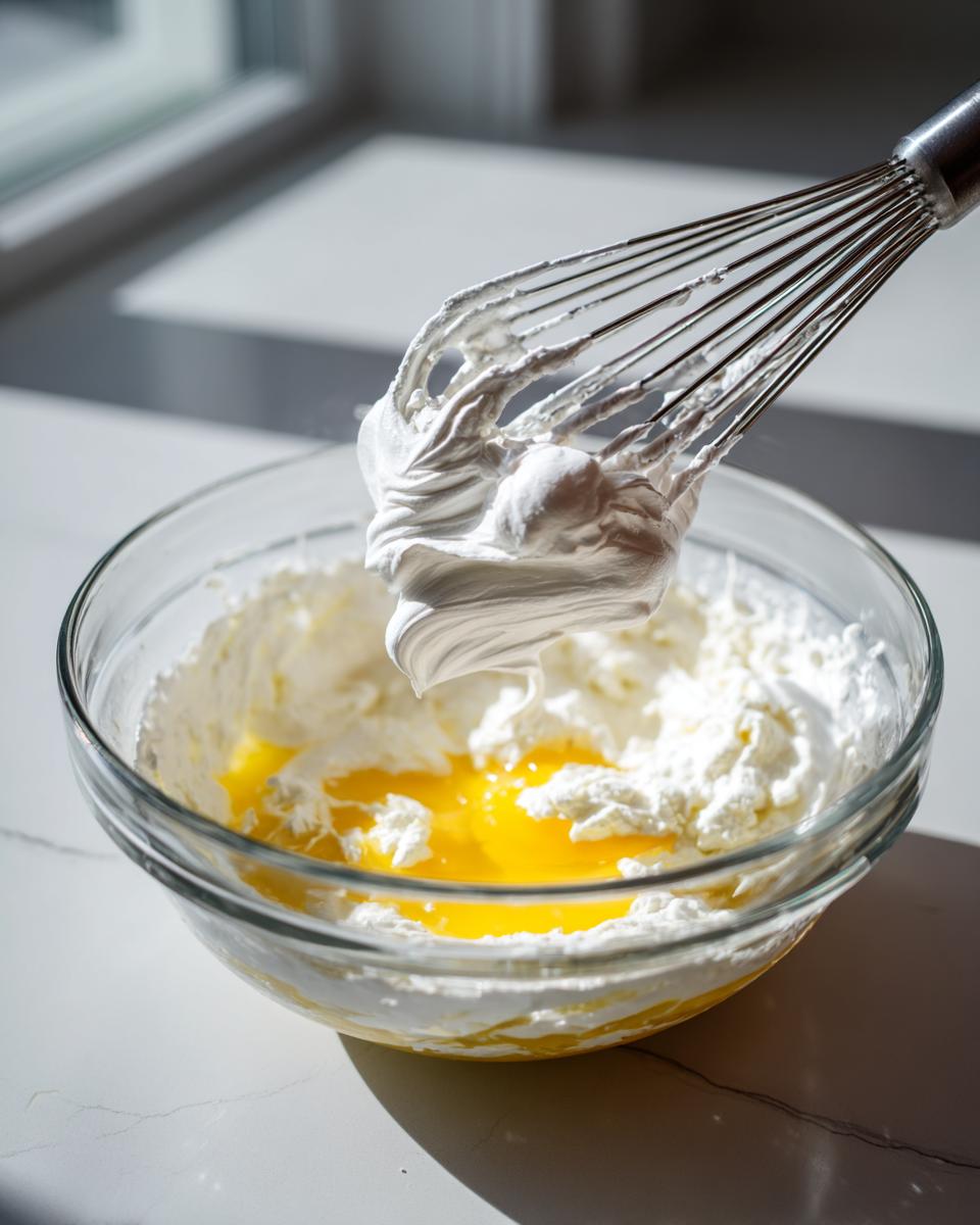 A whisk lifting stiff peaks of whipped egg whites over a bowl containing egg yolks, part of making cloud bread.