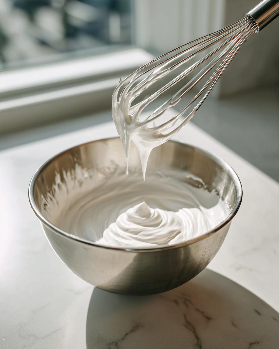 A metal whisk dripping stiff peaks of meringue mixture used for cloud bread into a stainless steel bowl.