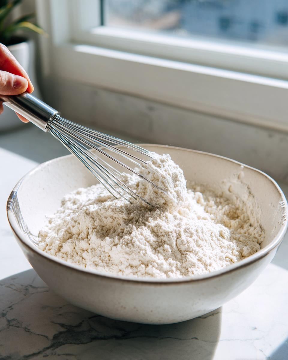 A hand uses a metal whisk to fluff up flour in a white bowl while preparing vanilla cupcakes.